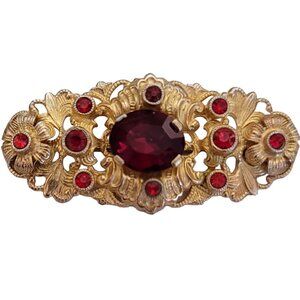 Czech Goldtone Filigree Red Rhinestone Oval Bar Brooch Pin, C Clasp M813